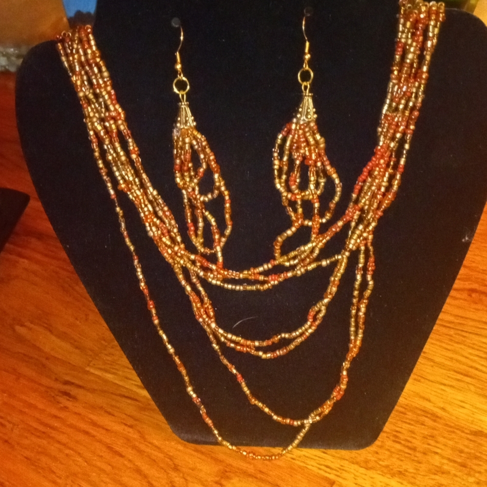 Hand crafted seed bead necklace and earring set